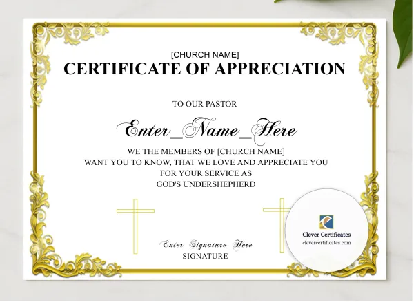 Certificate Of Appreciation For Pastor Gold Landscape presented in a sleek wooden frame, elegantly arranged on a stylish table.