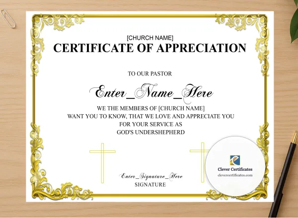 Professional preview of Certificate Of Appreciation For Pastor Gold Landscape certificate on high-quality stationery paper, ideal for showcasing the final look.