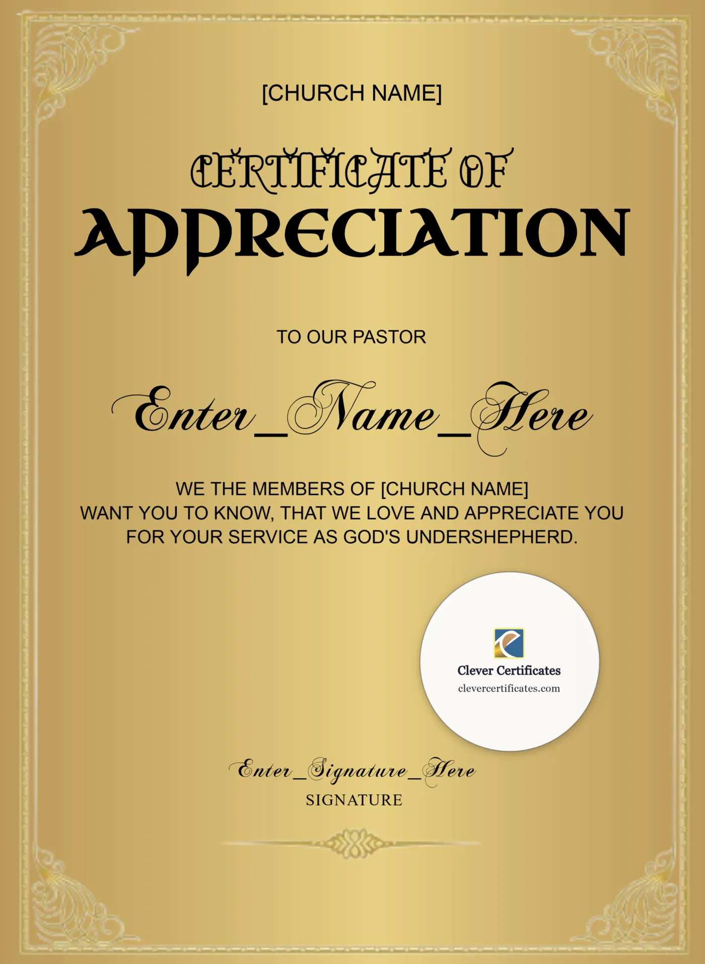 Certificate Of Appreciation For Pastor Gold Portrait — Certificate Template Preview