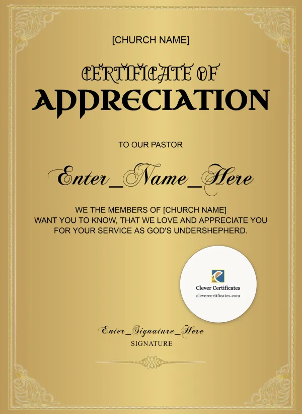 Certificate Of Appreciation For Pastor Gold Portrait — Certificate Template Preview
