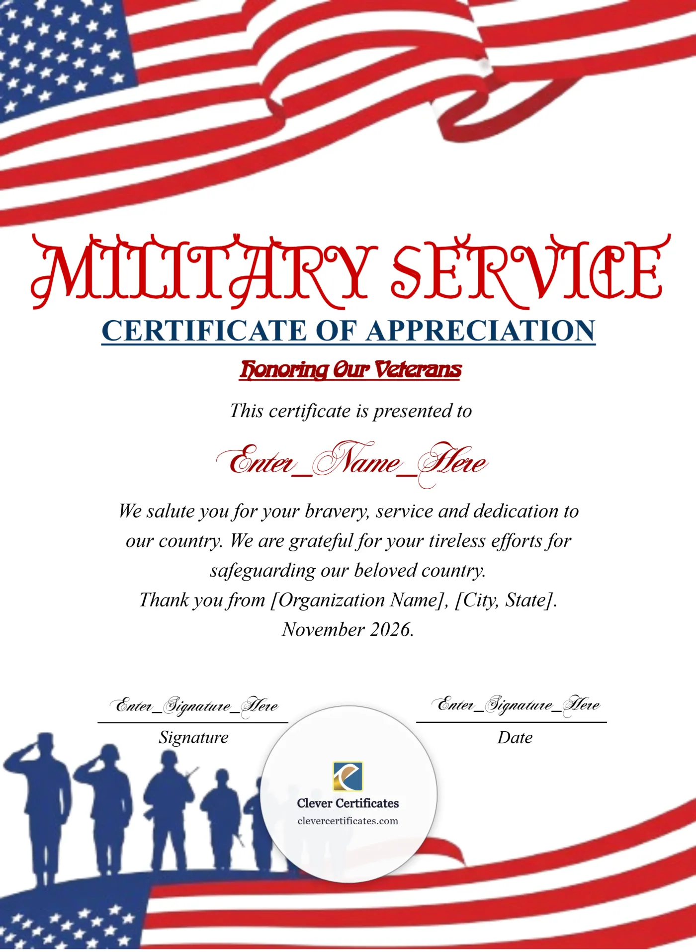 Veteran Appreciation Certificate Portrait — Certificate Template Preview