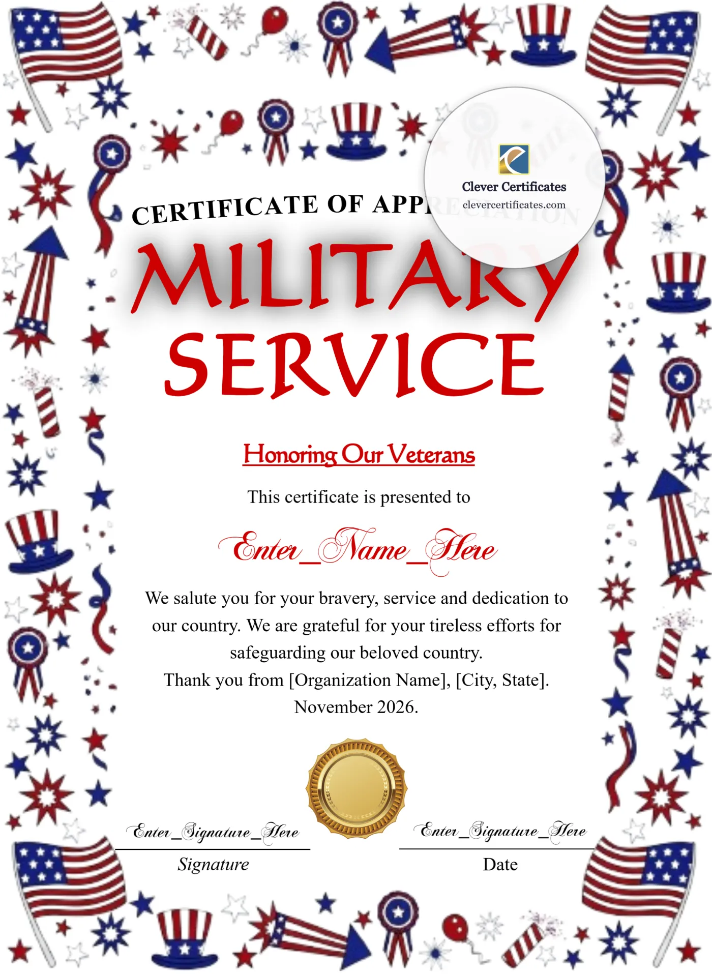 Veterans Day Certificate Of Appreciation Navy Gold Portrait — Certificate Template Preview