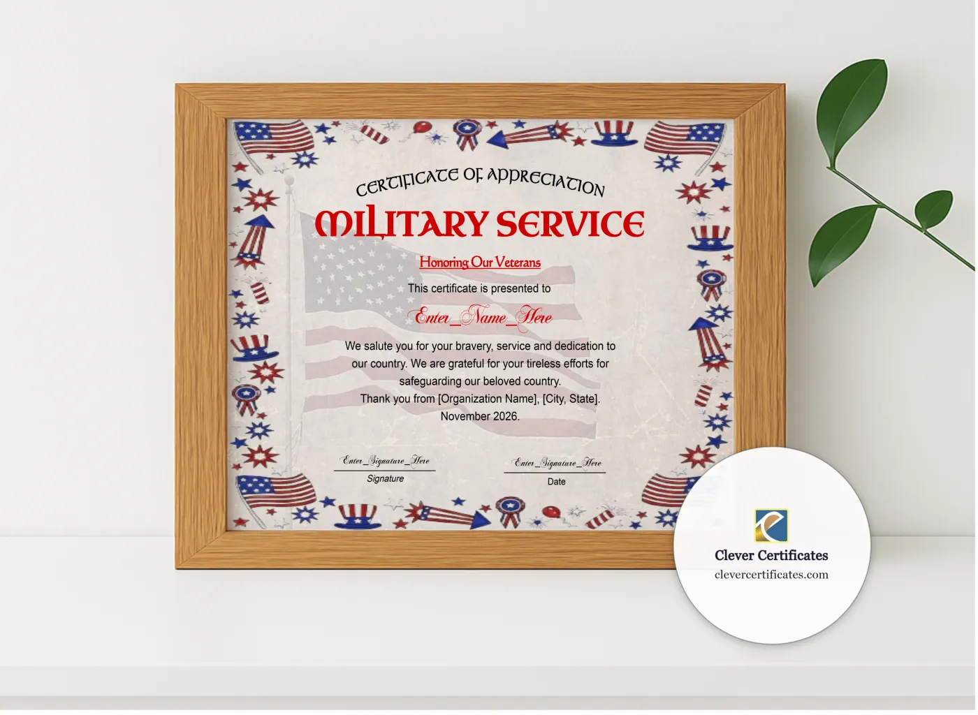 Realistic mockup featuring Veterans Day Thank You Certificate Landscape displayed within a modern frame, set against a minimalistic background.