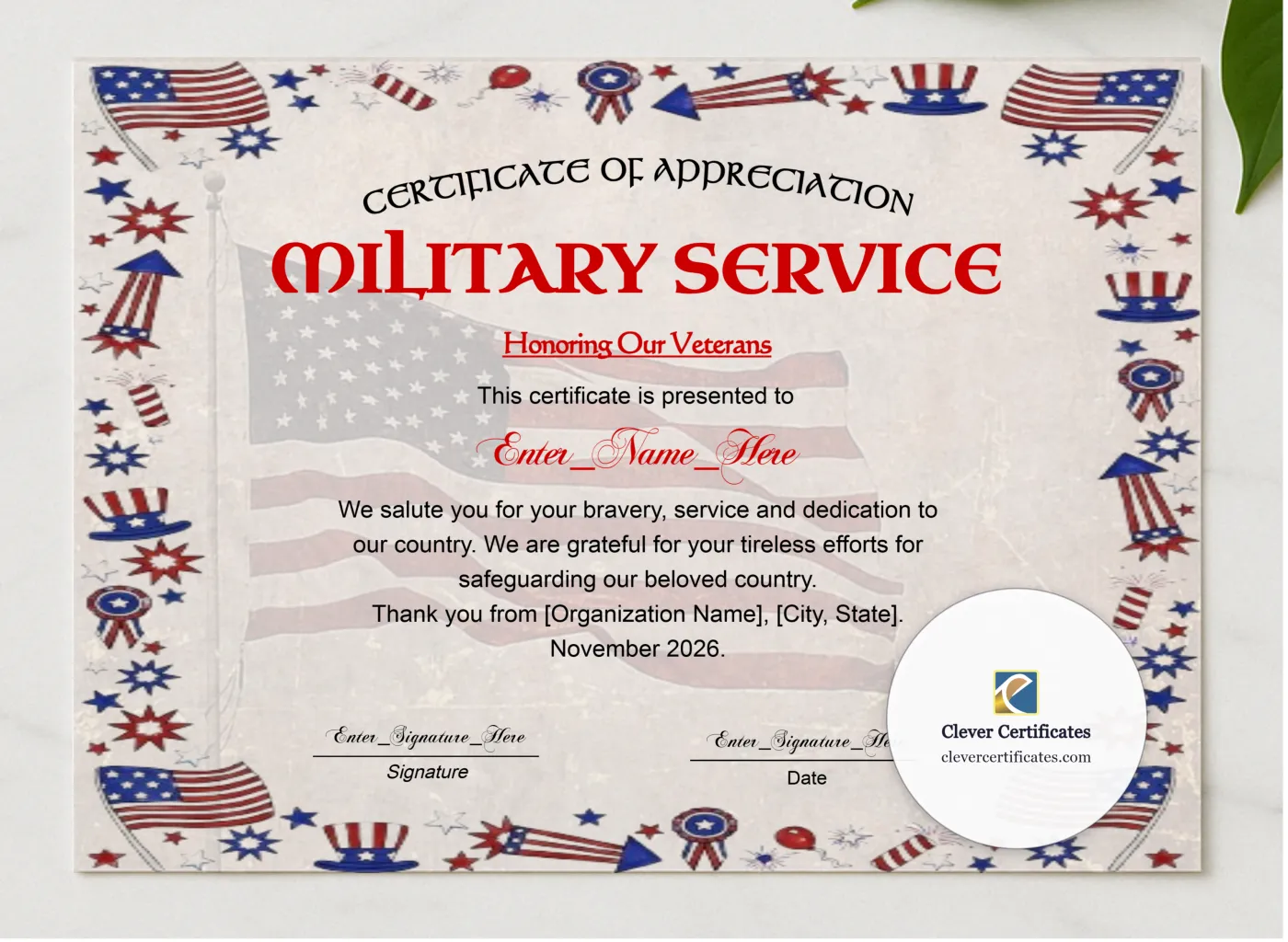 Veterans Day Thank You Certificate Landscape presented in a sleek wooden frame, elegantly arranged on a stylish table.