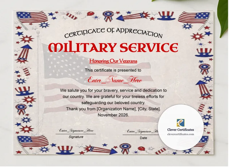 Veterans Day Thank You Certificate Landscape presented in a sleek wooden frame, elegantly arranged on a stylish table.