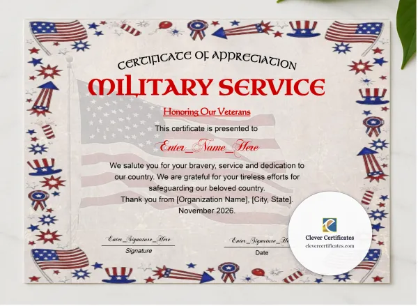 Veterans Day Thank You Certificate Landscape presented in a sleek wooden frame, elegantly arranged on a stylish table.