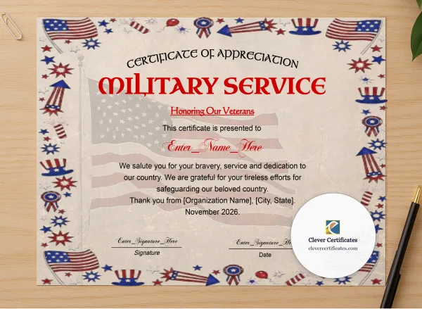 Professional preview of Veterans Day Thank You Certificate Landscape certificate on high-quality stationery paper, ideal for showcasing the final look.