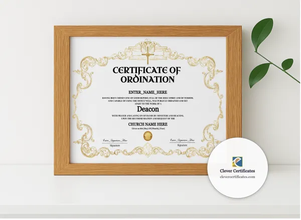 Realistic mockup featuring Deacon Ordination Certificate Classic Gold Landscape displayed within a modern frame, set against a minimalistic background.