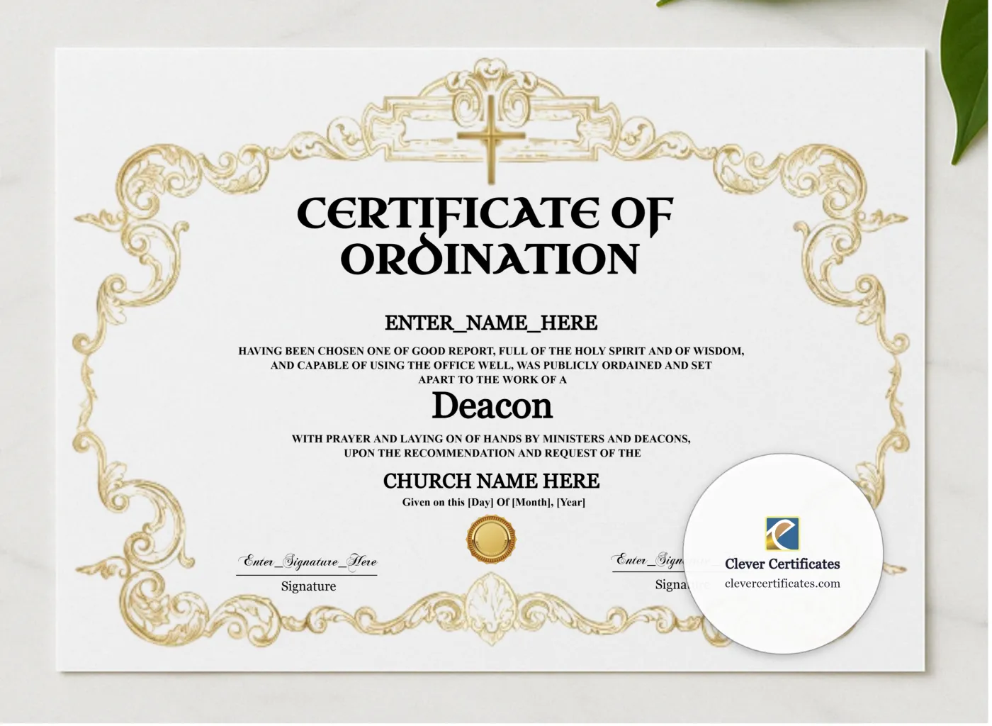 Deacon Ordination Certificate Classic Gold Landscape presented in a sleek wooden frame, elegantly arranged on a stylish table.