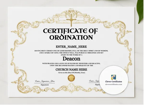 Deacon Ordination Certificate Classic Gold Landscape presented in a sleek wooden frame, elegantly arranged on a stylish table.