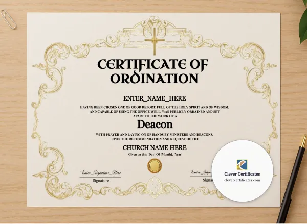 Professional preview of Deacon Ordination Certificate Classic Gold Landscape certificate on high-quality stationery paper, ideal for showcasing the final look.
