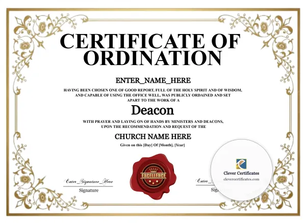Free Deacon Ordination Certificate — Gold Floral Wax Seal Landscape