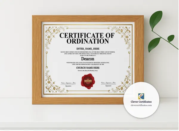 Realistic mockup featuring Deacon Ordination Certificate Burgundy Seal Landscape displayed within a modern frame, set against a minimalistic background.