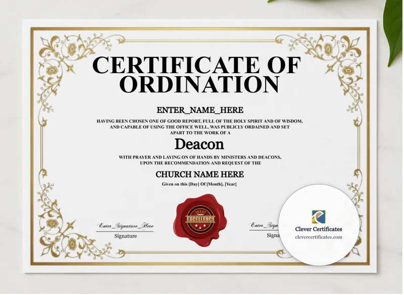 Deacon Ordination Certificate Burgundy Seal Landscape presented in a sleek wooden frame, elegantly arranged on a stylish table.