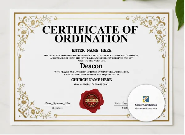 Deacon Ordination Certificate Burgundy Seal Landscape presented in a sleek wooden frame, elegantly arranged on a stylish table.