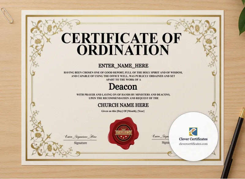 Professional preview of Deacon Ordination Certificate Burgundy Seal Landscape certificate on high-quality stationery paper, ideal for showcasing the final look.