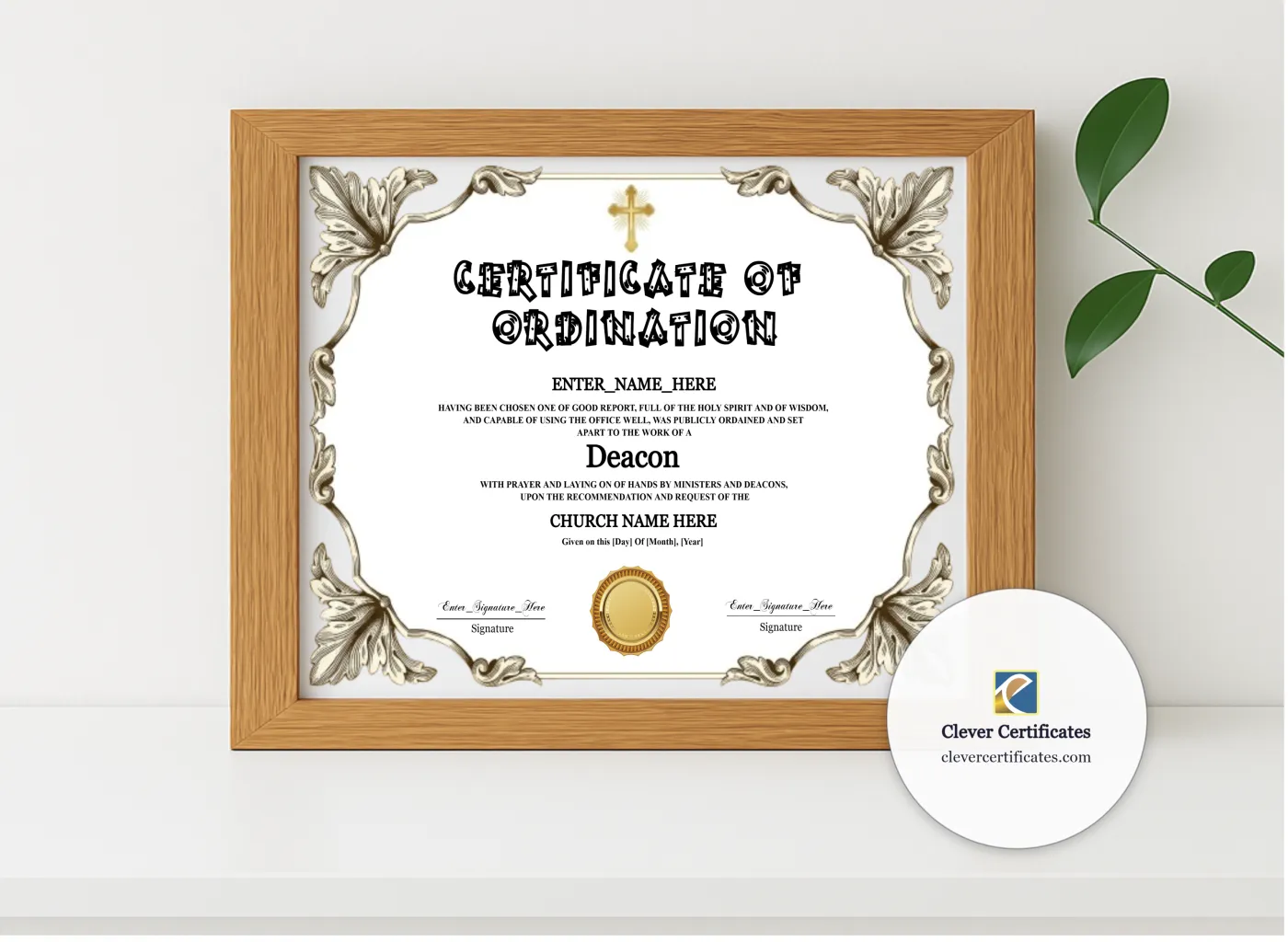 Realistic mockup featuring Deacon Ordination Certificate Black And Gold Landscape displayed within a modern frame, set against a minimalistic background.