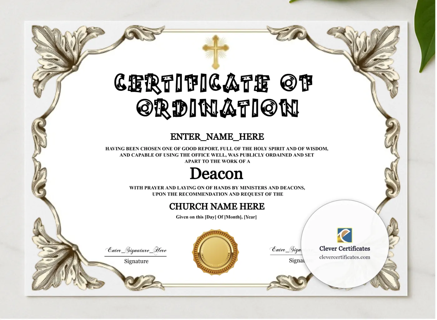 Deacon Ordination Certificate Black And Gold Landscape presented in a sleek wooden frame, elegantly arranged on a stylish table.