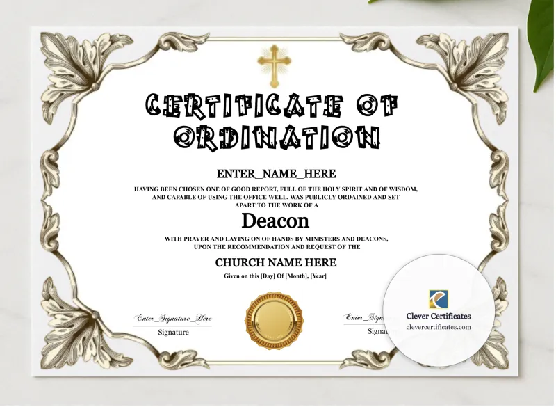 Deacon Ordination Certificate Black And Gold Landscape presented in a sleek wooden frame, elegantly arranged on a stylish table.
