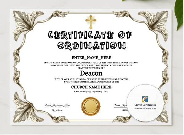 Deacon Ordination Certificate Black And Gold Landscape presented in a sleek wooden frame, elegantly arranged on a stylish table.