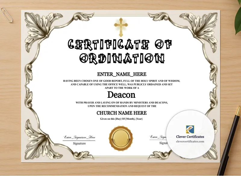 Professional preview of Deacon Ordination Certificate Black And Gold Landscape certificate on high-quality stationery paper, ideal for showcasing the final look.