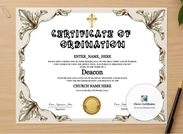 Professional preview of Deacon Ordination Certificate Black And Gold Landscape certificate on high-quality stationery paper, ideal for showcasing the final look.