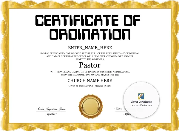 Free Pastor Ordination Certificate — Gold Wave Border Landscape
