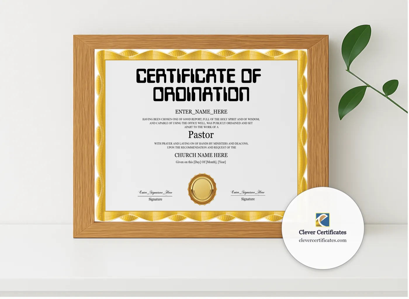 Realistic mockup featuring Pastor Ordination Certificate Classic Gold Landscape displayed within a modern frame, set against a minimalistic background.