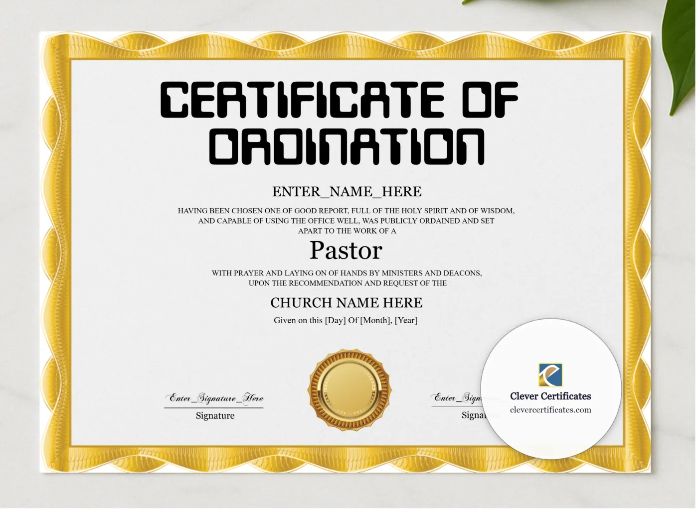Pastor Ordination Certificate Classic Gold Landscape presented in a sleek wooden frame, elegantly arranged on a stylish table.