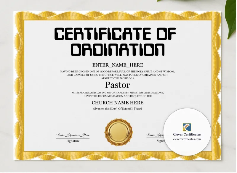 Pastor Ordination Certificate Classic Gold Landscape presented in a sleek wooden frame, elegantly arranged on a stylish table.