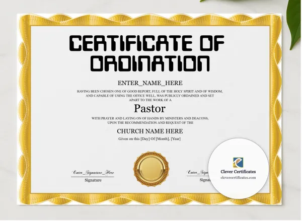 Pastor Ordination Certificate Classic Gold Landscape presented in a sleek wooden frame, elegantly arranged on a stylish table.