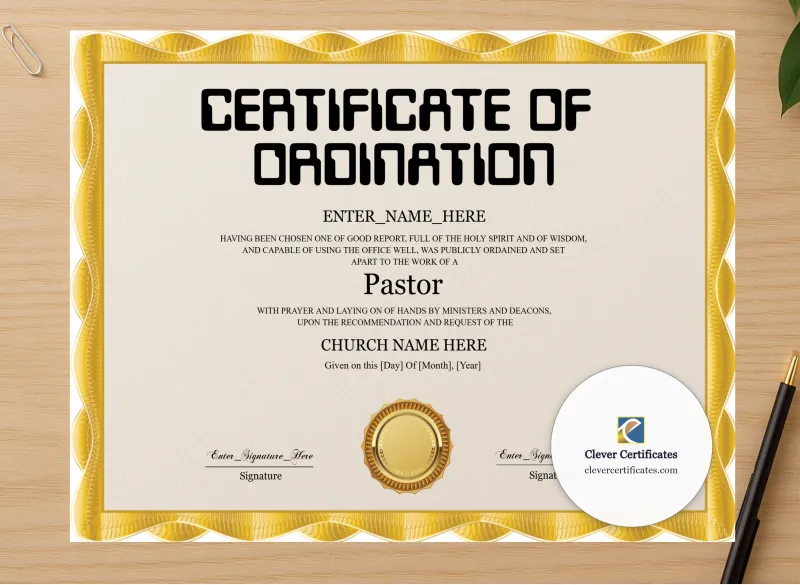 Professional preview of Pastor Ordination Certificate Classic Gold Landscape certificate on high-quality stationery paper, ideal for showcasing the final look.
