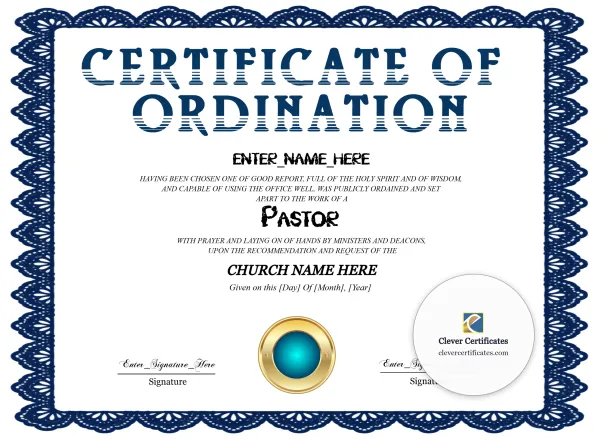 Free Pastor Ordination Certificate — Navy Lace Border Landscape