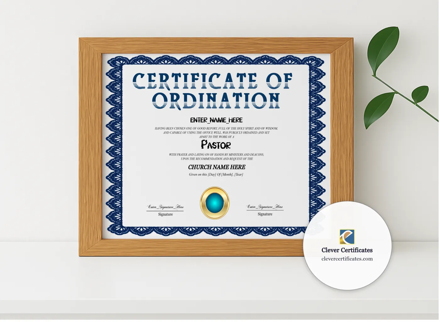 Realistic mockup featuring Pastor Ordination Certificate Navy Seal Landscape displayed within a modern frame, set against a minimalistic background.