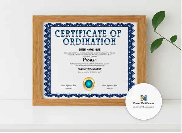Realistic mockup featuring Pastor Ordination Certificate Navy Seal Landscape displayed within a modern frame, set against a minimalistic background.