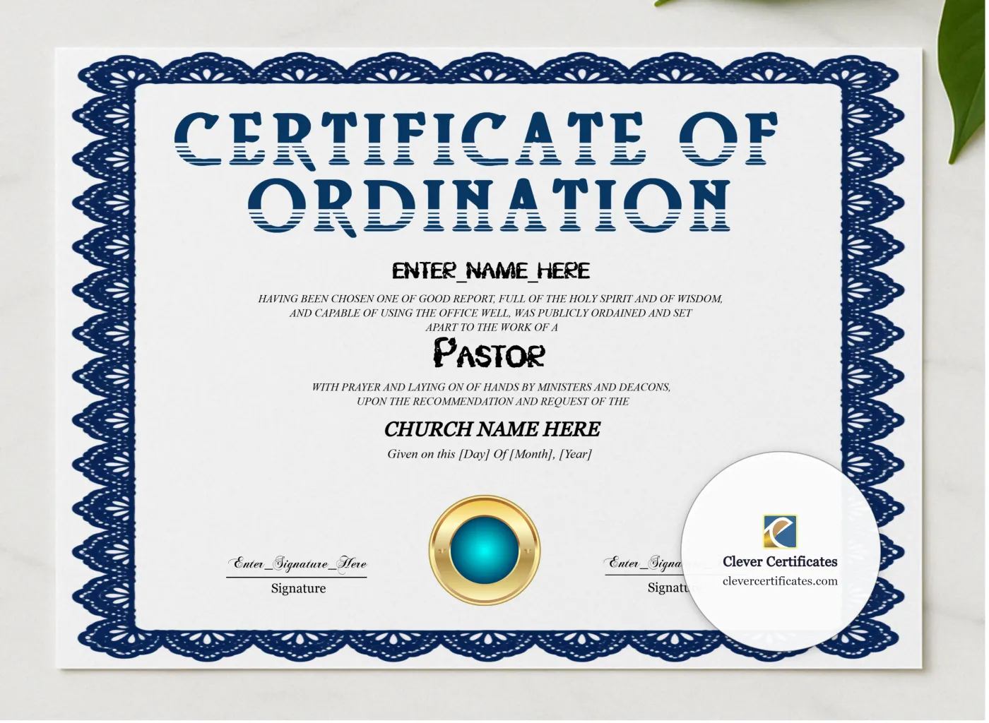 Pastor Ordination Certificate Navy Seal Landscape presented in a sleek wooden frame, elegantly arranged on a stylish table.