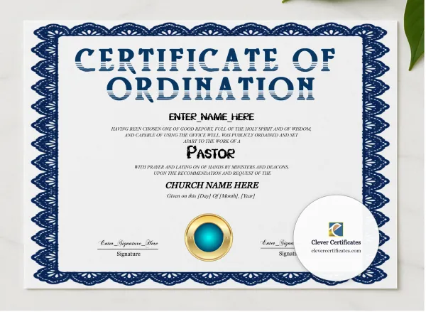 Pastor Ordination Certificate Navy Seal Landscape presented in a sleek wooden frame, elegantly arranged on a stylish table.