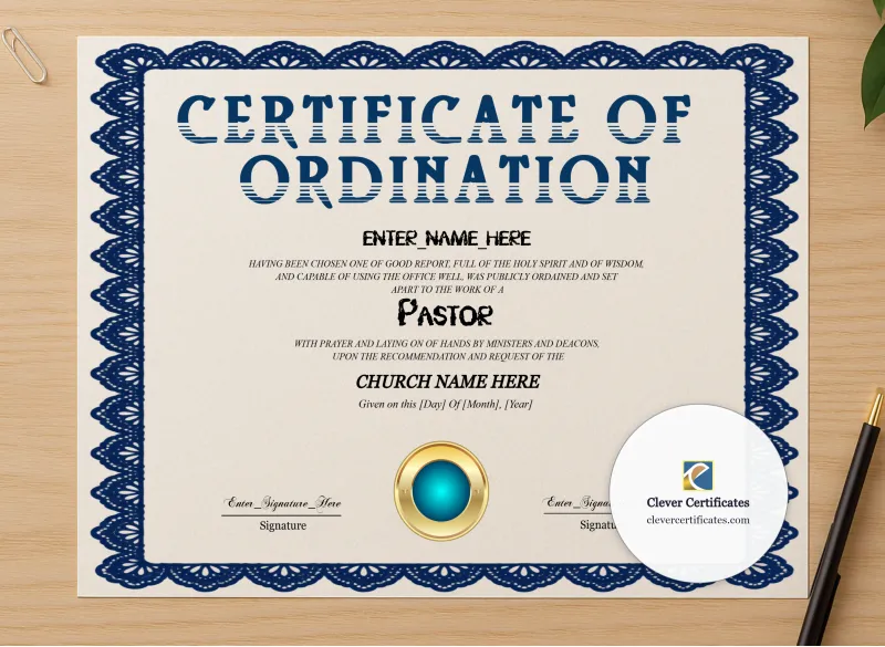 Professional preview of Pastor Ordination Certificate Navy Seal Landscape certificate on high-quality stationery paper, ideal for showcasing the final look.
