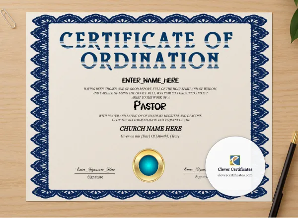 Professional preview of Pastor Ordination Certificate Navy Seal Landscape certificate on high-quality stationery paper, ideal for showcasing the final look.