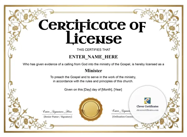 Free License to Preach Certificate — Gold Floral Frame Landscape