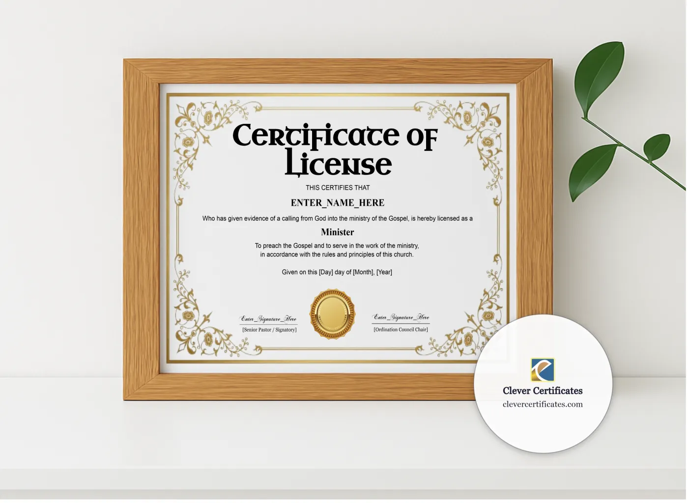 Realistic mockup featuring License To Preach Certificate Classic Gold Landscape displayed within a modern frame, set against a minimalistic background.