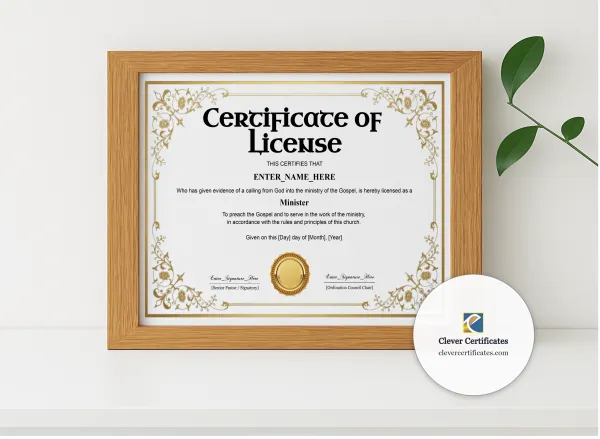 Realistic mockup featuring License To Preach Certificate Classic Gold Landscape displayed within a modern frame, set against a minimalistic background.