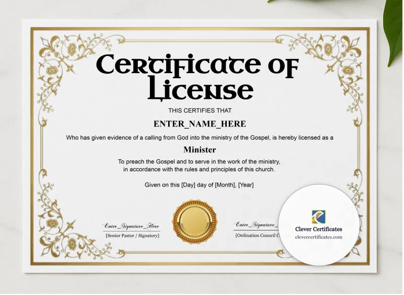 License To Preach Certificate Classic Gold Landscape presented in a sleek wooden frame, elegantly arranged on a stylish table.