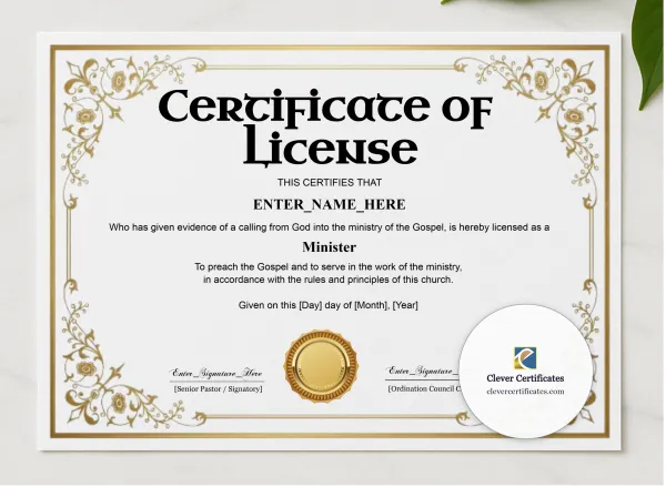 License To Preach Certificate Classic Gold Landscape presented in a sleek wooden frame, elegantly arranged on a stylish table.