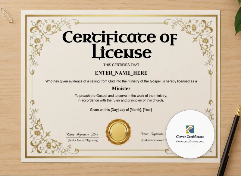 Professional preview of License To Preach Certificate Classic Gold Landscape certificate on high-quality stationery paper, ideal for showcasing the final look.