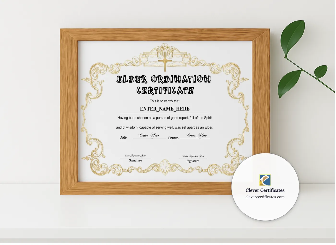 Realistic mockup featuring Elder Ordination Certificate Classic Gold Landscape displayed within a modern frame, set against a minimalistic background.