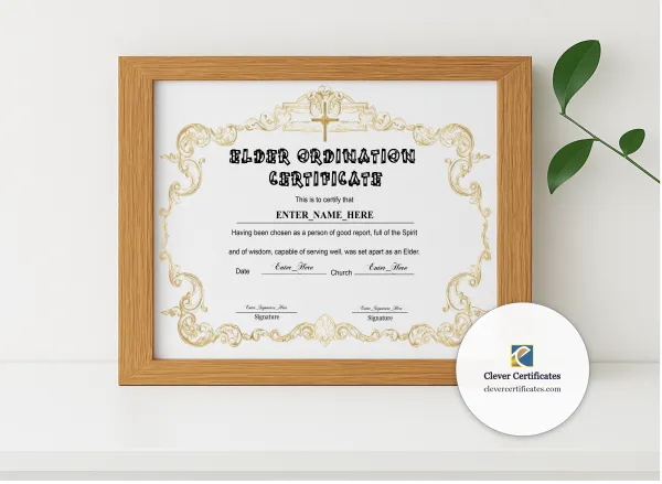 Realistic mockup featuring Elder Ordination Certificate Classic Gold Landscape displayed within a modern frame, set against a minimalistic background.
