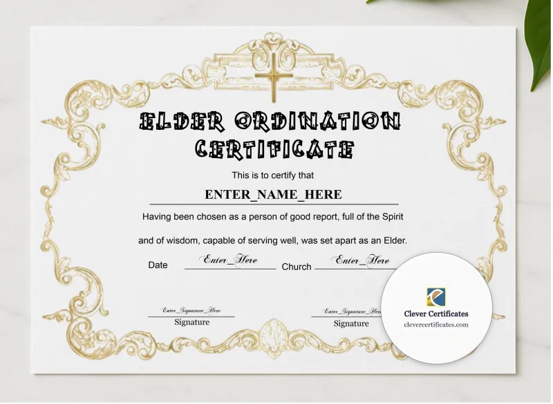 Elder Ordination Certificate Classic Gold Landscape presented in a sleek wooden frame, elegantly arranged on a stylish table.
