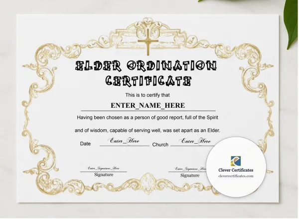 Elder Ordination Certificate Classic Gold Landscape presented in a sleek wooden frame, elegantly arranged on a stylish table.