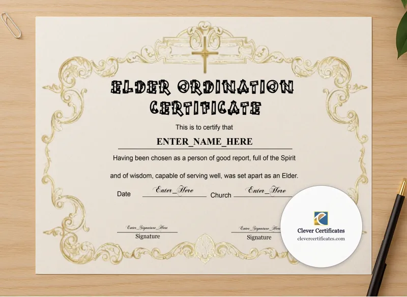 Professional preview of Elder Ordination Certificate Classic Gold Landscape certificate on high-quality stationery paper, ideal for showcasing the final look.